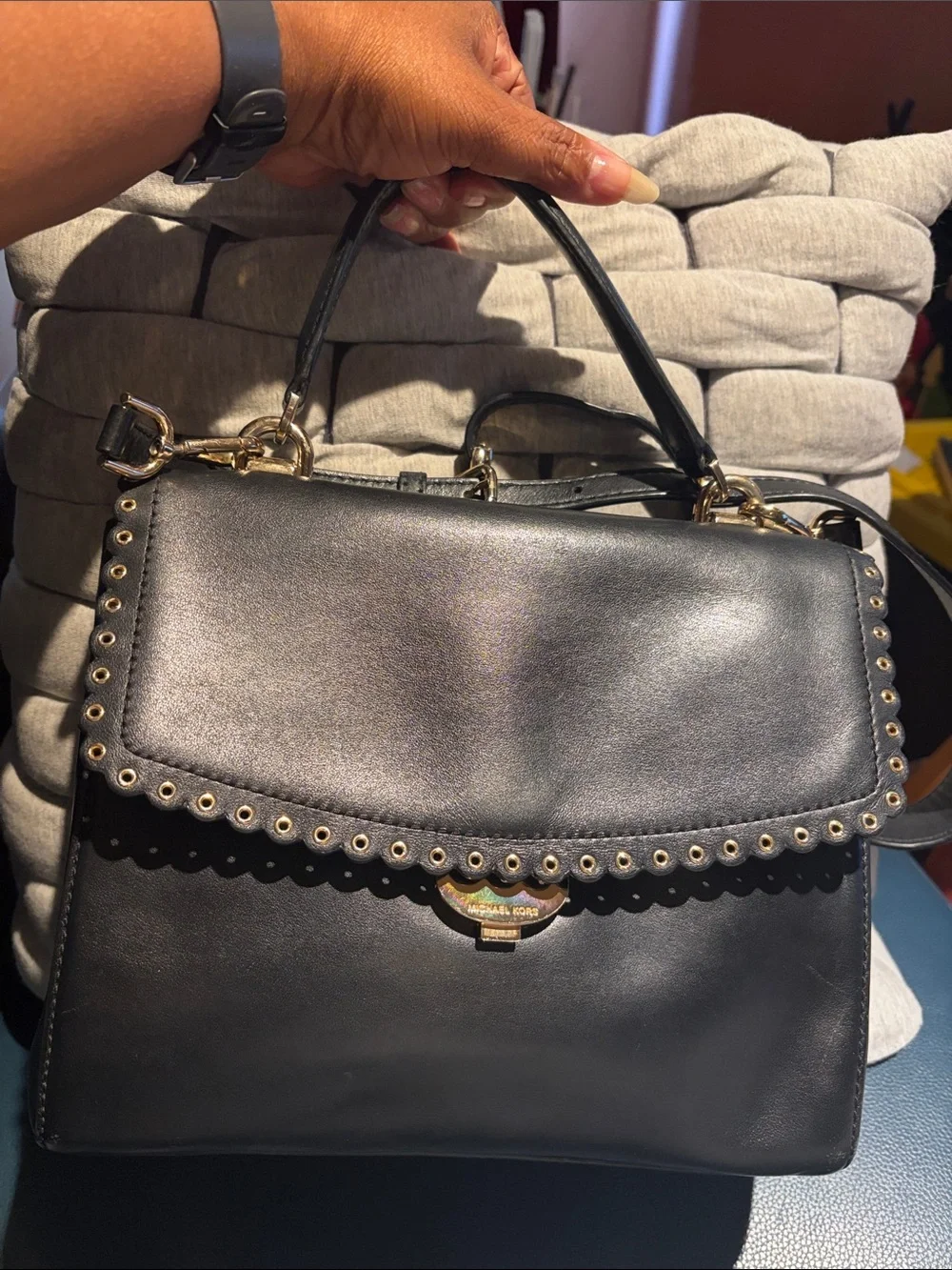 Michael Kors Black Leather Scalloped Stud Satchel with Gold Hardware
